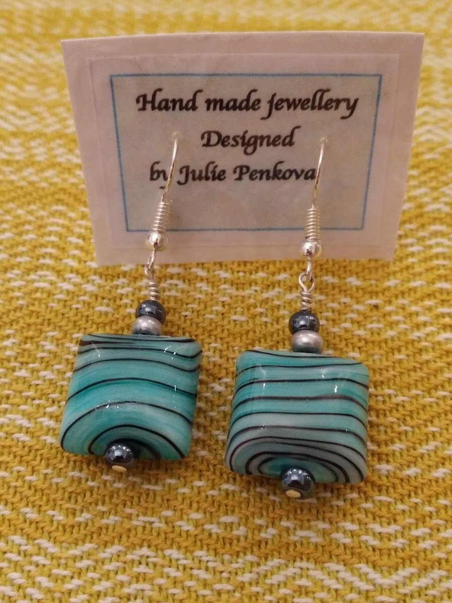 Square glass green and black striped earrings