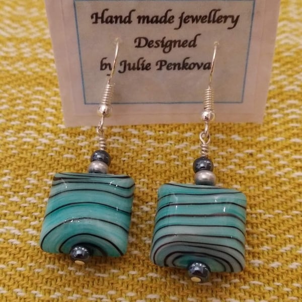 Square glass green and black striped earrings