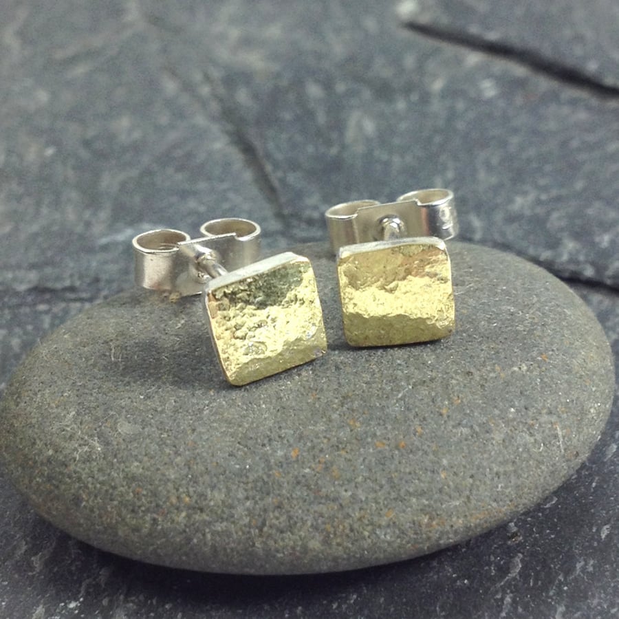 Tiny  square stud earrings gold and silver