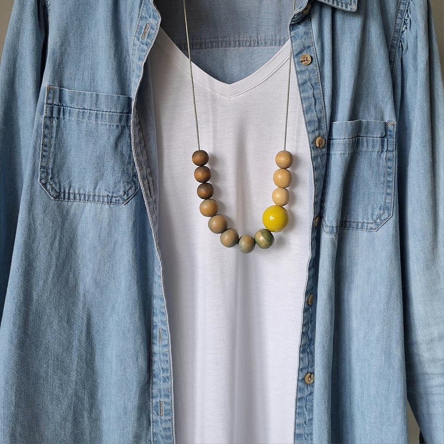 Dixie - Sunshine yellow reused bead combined with green and natural wooden beads