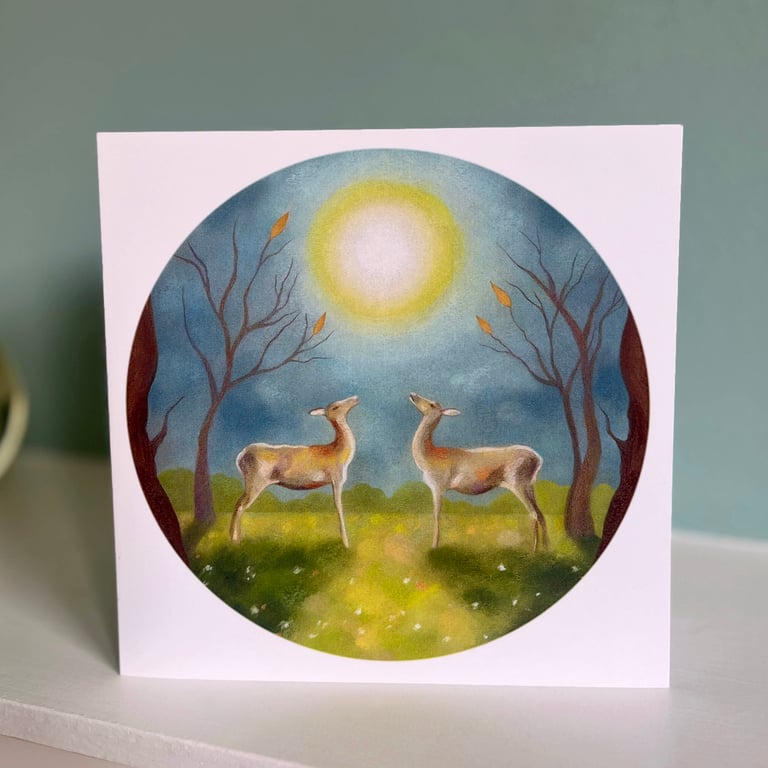Deer art greeting card - circular art card, round art card 