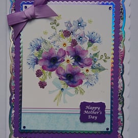 3D Luxury Handmade Card Happy Mother's Day Pretty Spring Purple Flowers Bouquet