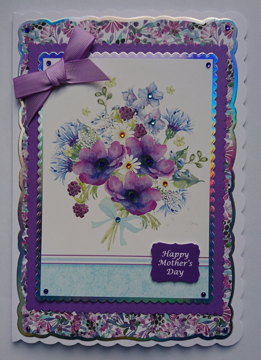 3D Luxury Handmade Card Happy Mother's Day Pretty Spring Purple Flowers Bouquet