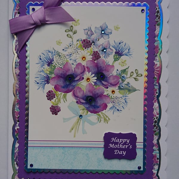 3D Luxury Handmade Card Happy Mother's Day Pretty Spring Purple Flowers Bouquet