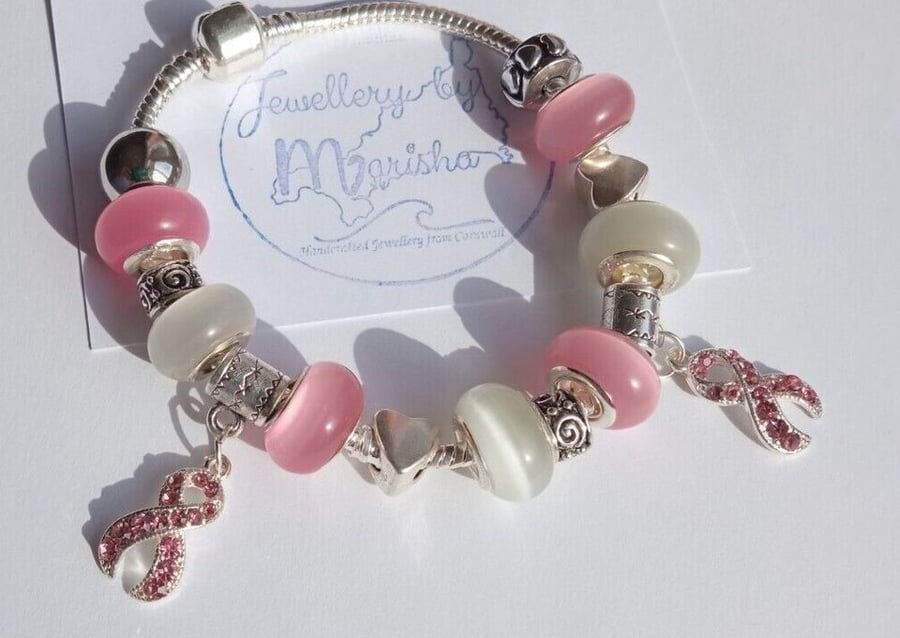 Breast Cancer Awareness Charm Bracelet Pink Ribbon Jewellery Gift 9" 23cms