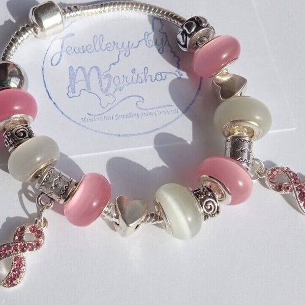 Breast Cancer Awareness Charm Bracelet Pink Ribbon Jewellery Gift 9" 23cms