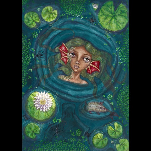 Pond Spirit – Original Watercolour - A4 Freshwater Maiden Folklore Art