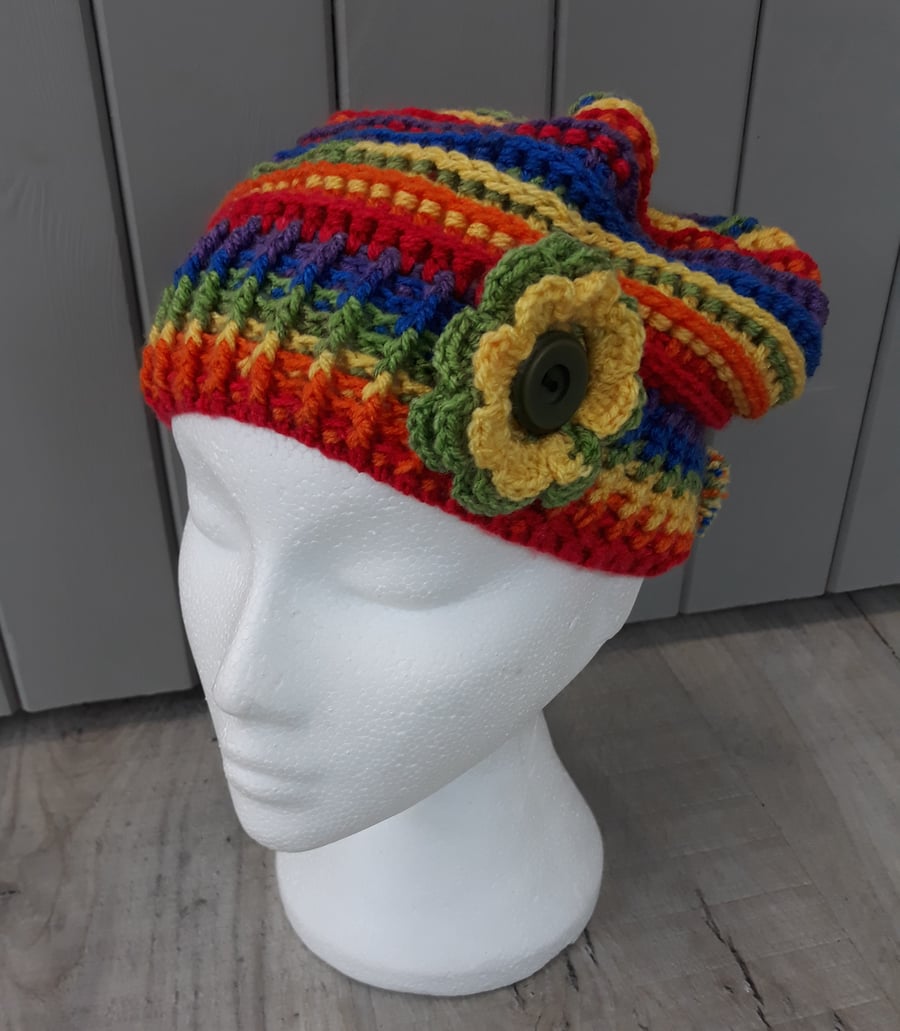 Crochet rainbow slouch hat, detachable flower