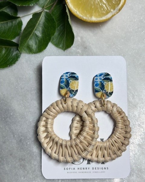Lemon & Blue Floral Rattan Hoop Earrings – Handmade Summer Statement Jewellery
