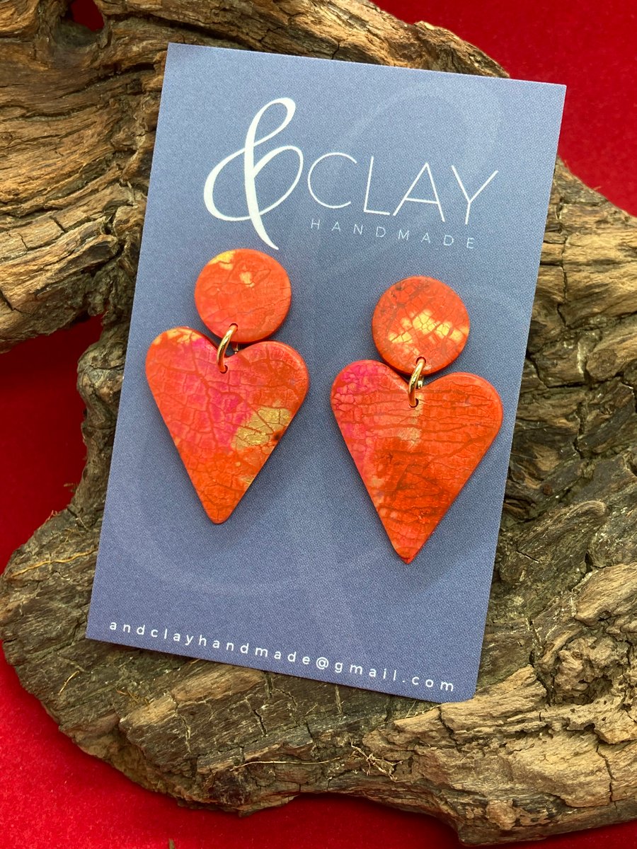 Red and Gold Heart Shaped Polymer Clay Earrings