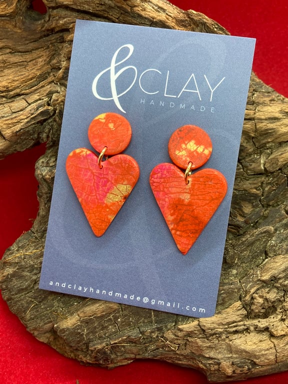 Red and Gold Heart Shaped Polymer Clay Earrings
