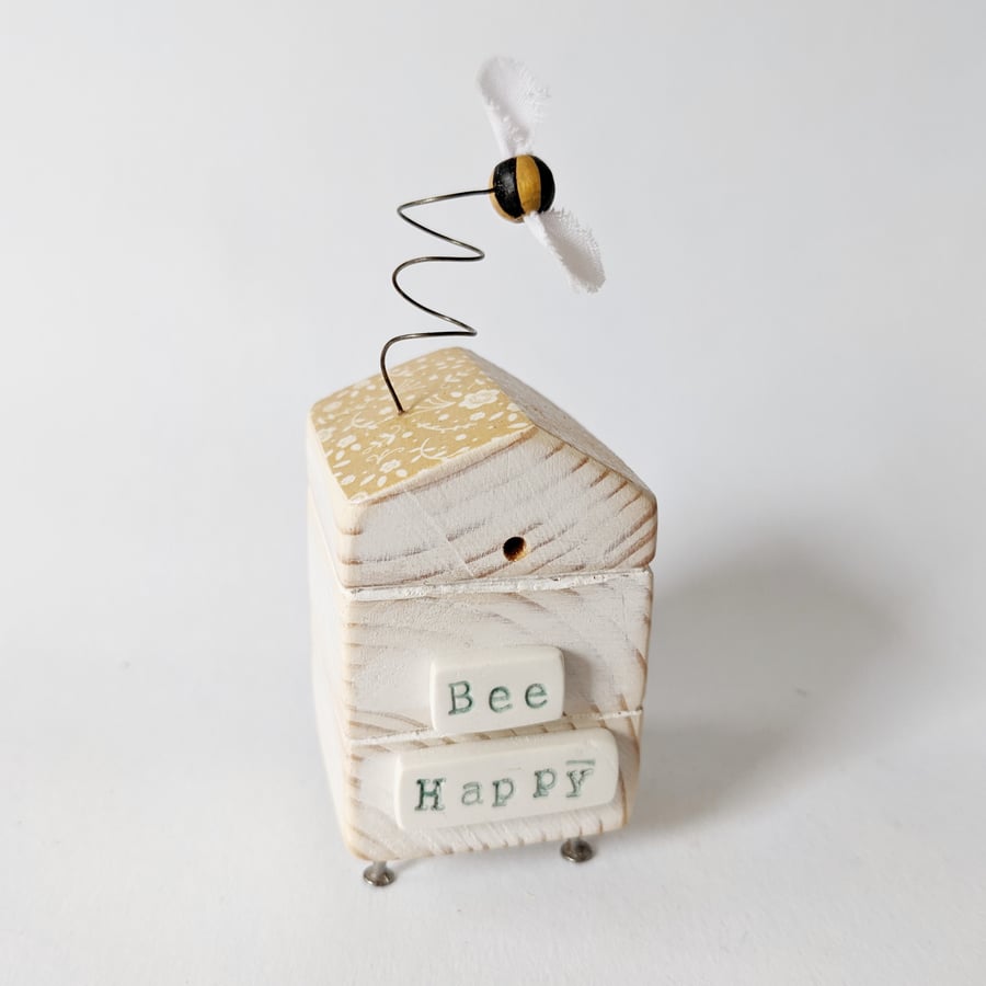 Wooden Beehive With Little Clay Bee 'Bee Happy'