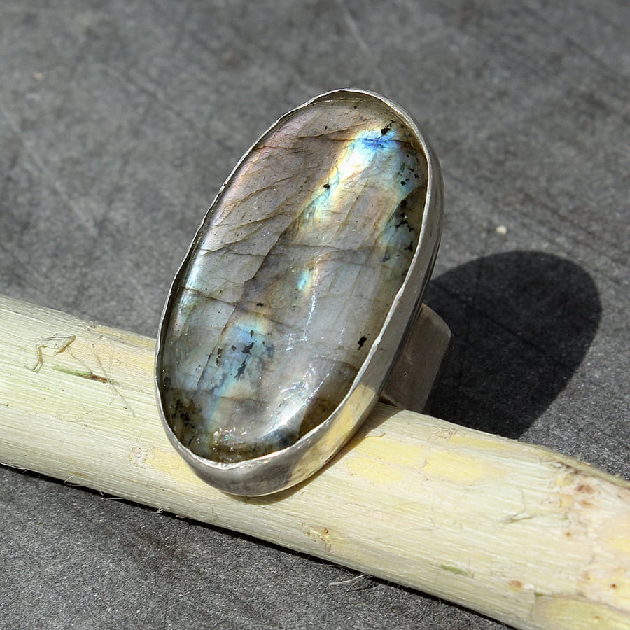 Statement Gemstone Ring - Labradorite and Sterling Silver - Artisan - Size N