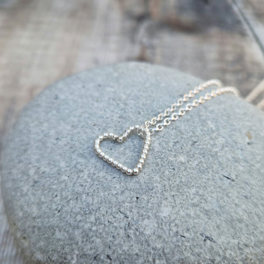 Sterling Silver Beaded Open Heart Charm Necklace