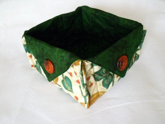 folded fabric storage tub for your bits and bobs, leaf print fabric, green