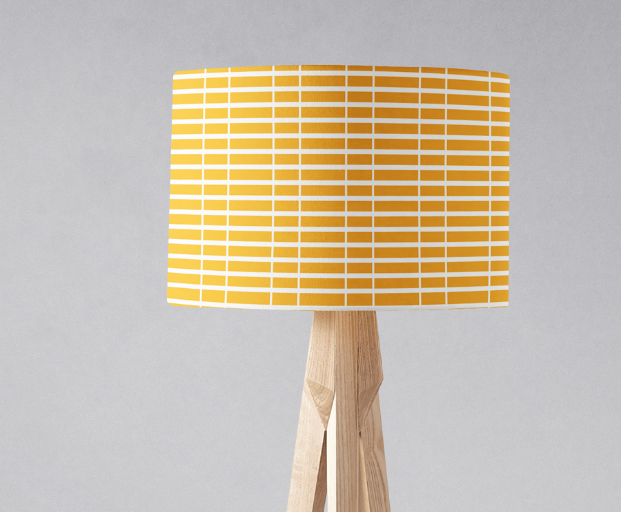 Yellow Lampshade with a White Striped Geometric Design, Ceiling or Table Lamp