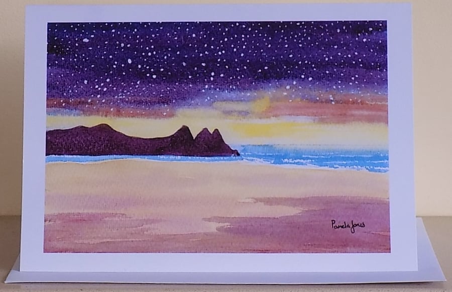 Artist Greetings Card, Starry Sky, Three Cliffs Bay, Gower, Blank inside, A5