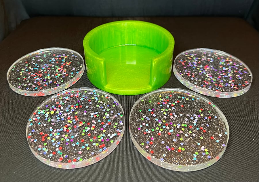 Lime green set of 4 coasters with holder