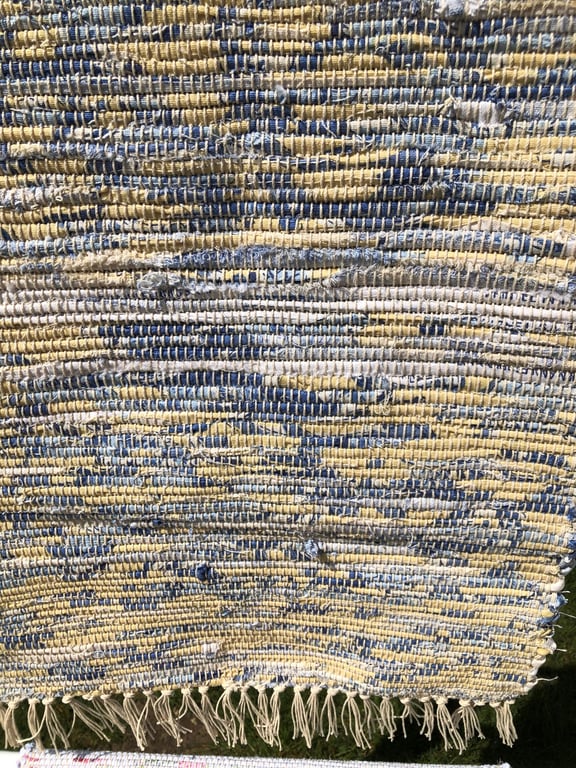 Handwoven and fringed Yellow and Blue Linen Rag Rug