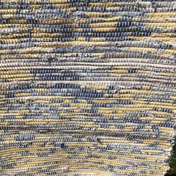 Handwoven and fringed Yellow and Blue Linen Rag Rug