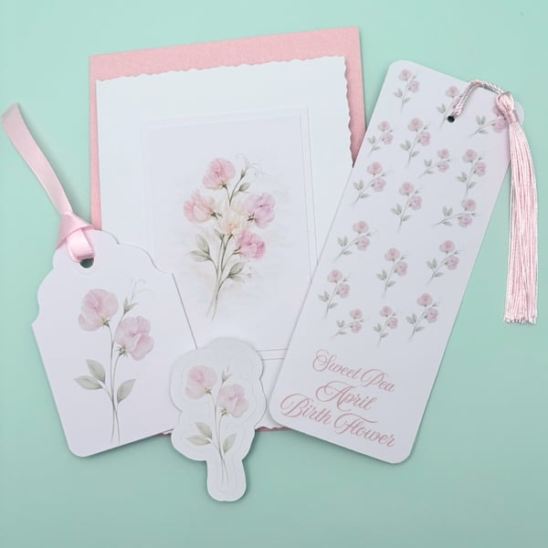Sweet Pea April Birth Flower Mini Gift Set - Botanical Card, Bookmark & Gift Tag