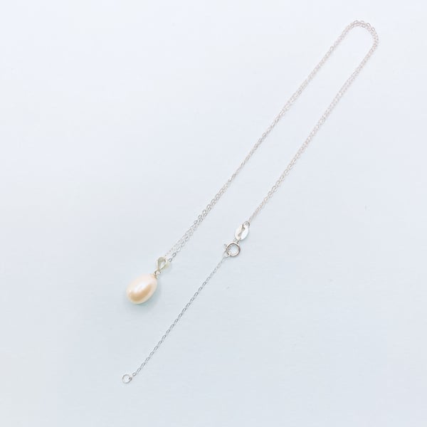 White Oval Freshwater Pearl Pendant Necklace in Sterling Silver 