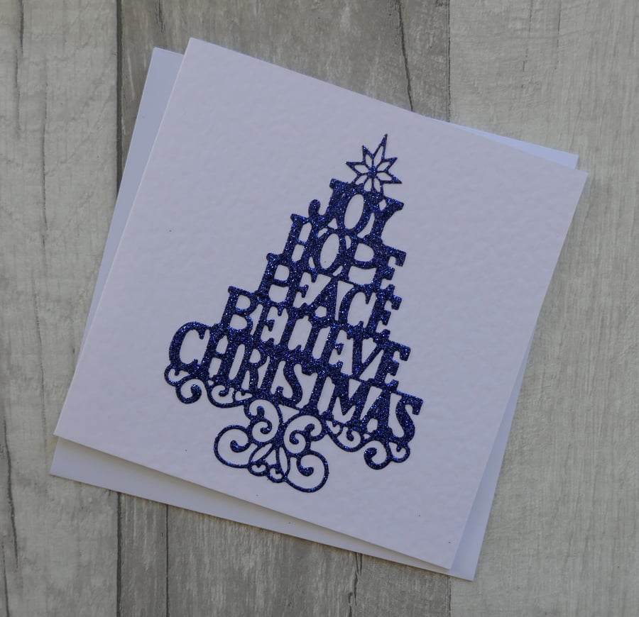 Joy, Hope, Peace, Believe, Christmas - Dark Blue Glitter Tree - Christmas Card