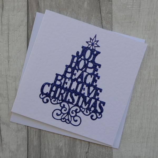 Joy, Hope, Peace, Believe, Christmas - Dark Blue Glitter Tree - Christmas Card