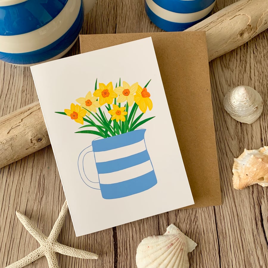 Daffodils with Cornishware Jug Greeting Card 