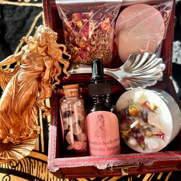 Aphrodite Altar Kit with Statue Candles Spells Oils Herbs Crystals for Love 