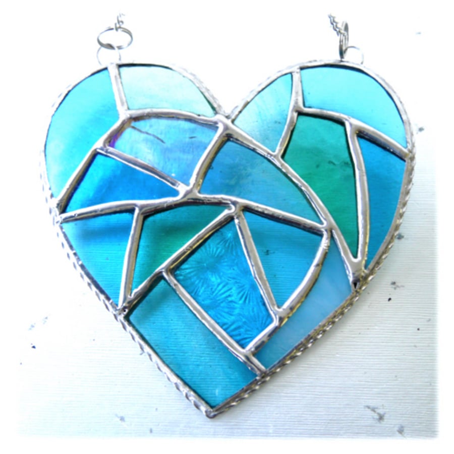 Fat Patchwork Heart Suncatcher Turquoise Stained Glass Handmade 029