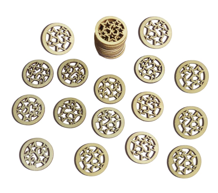 50pcs Rustic Round Wooden Circles with Stars Cutout Confetti Embellishments for 