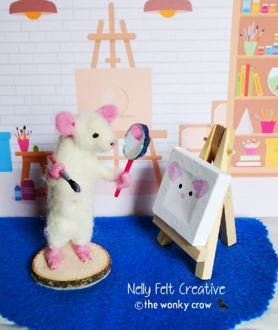 whimsy woods Snowdrop needle felted artist mouse with easel