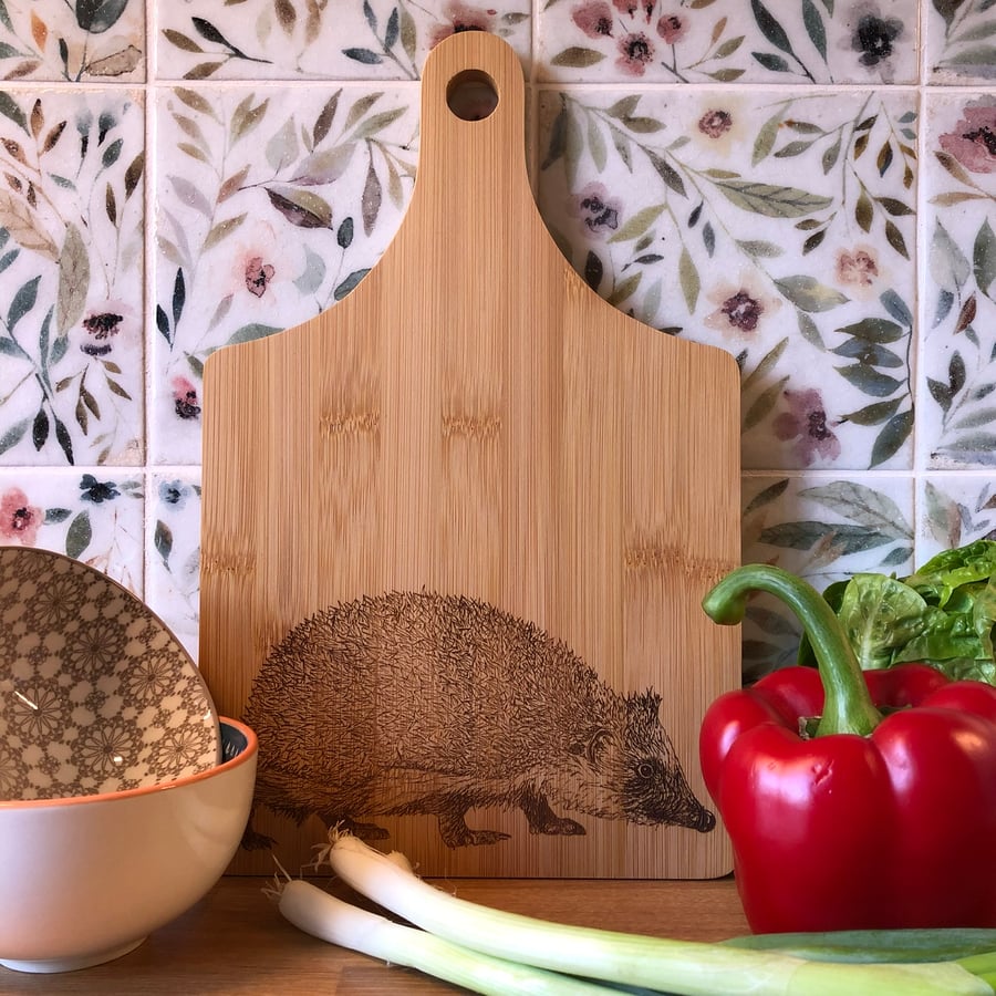 Bamboo wooden hedgehog chopping board laser engraved with original artwork