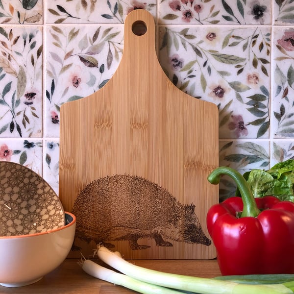 Bamboo wooden hedgehog chopping board laser engraved with original artwork