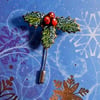 Small Chistmas HOLLY & RED BERRIES PIN Festive Lapel Pin HANDMADE HAND PAINTED