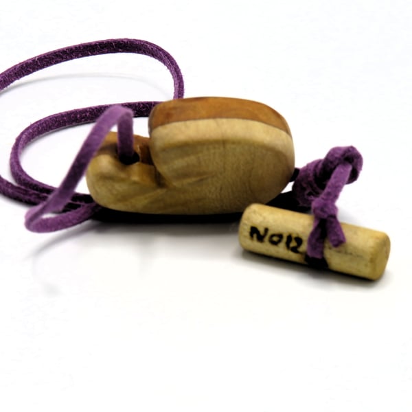 Carved wood Colon shaped pendant with purple necklace: SKU-N12