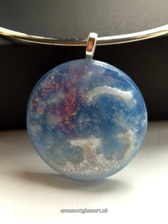Unique Handmade Blue Planet Fused glass Pendent necklace.