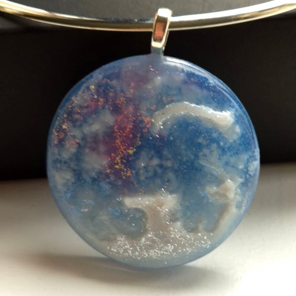 Unique Handmade Blue Planet Fused glass Pendent necklace.