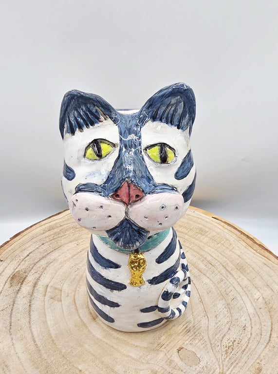 Ceramic Cat. Whimsical Ceramic Cat Sculpture - Blue Tabby with Gold Fi