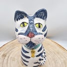 Ceramic Cat. Whimsical Ceramic Cat Sculpture - Blue Tabby with Gold Fi