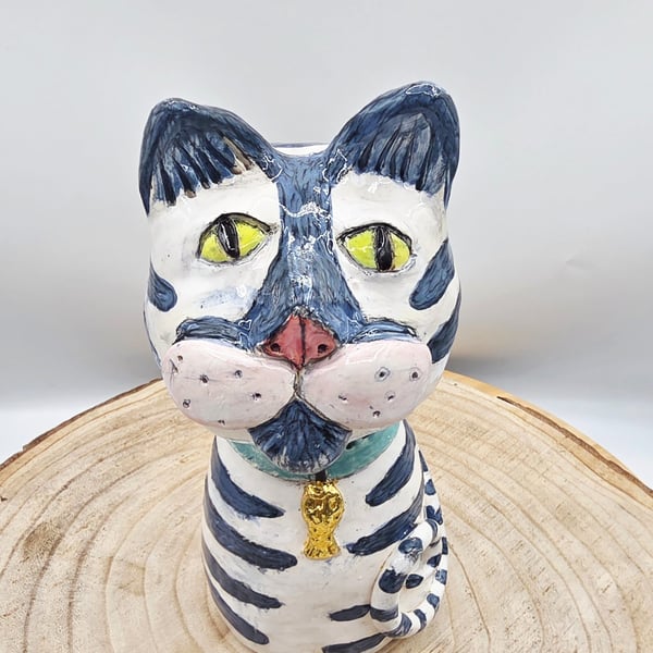 Ceramic Cat. Whimsical Ceramic Cat Sculpture - Blue Tabby with Gold Fi