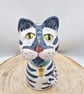 Ceramic Cat. Whimsical Ceramic Cat Sculpture - Blue Tabby with Gold Fi