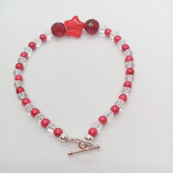 Bracelet with Red Pearls Clear Glass Beads with Red Crystals and Star Centre