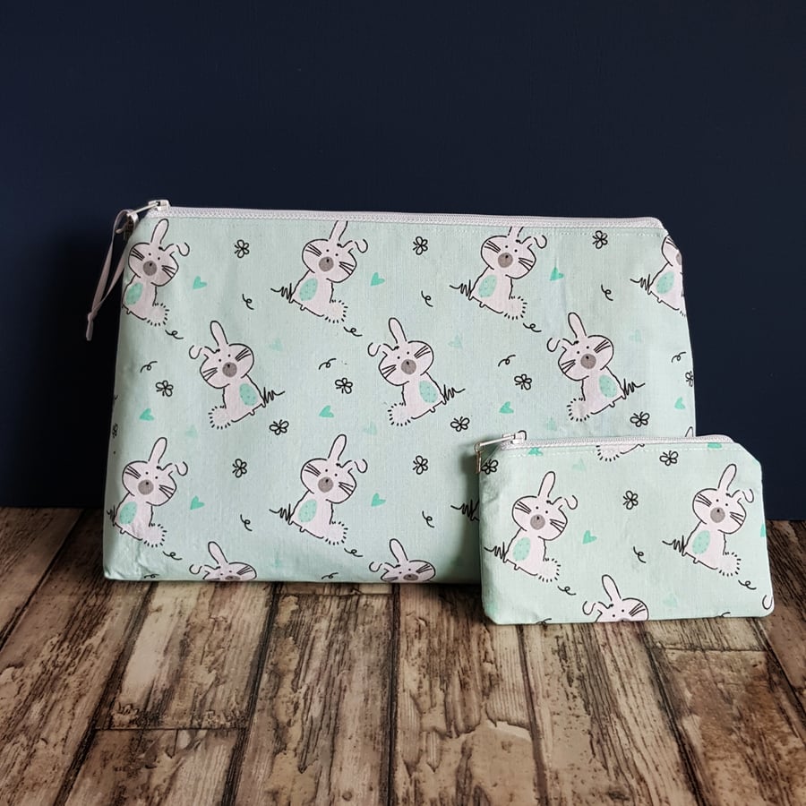 Cute Bunny Multi Purpose Zipper Bag with Matching Small Pouch