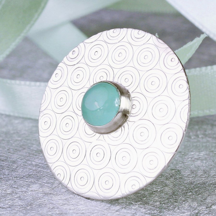 Satin silver brooch, handmade featuring a beautiful Aqua Chalcedony 8mm gemstone