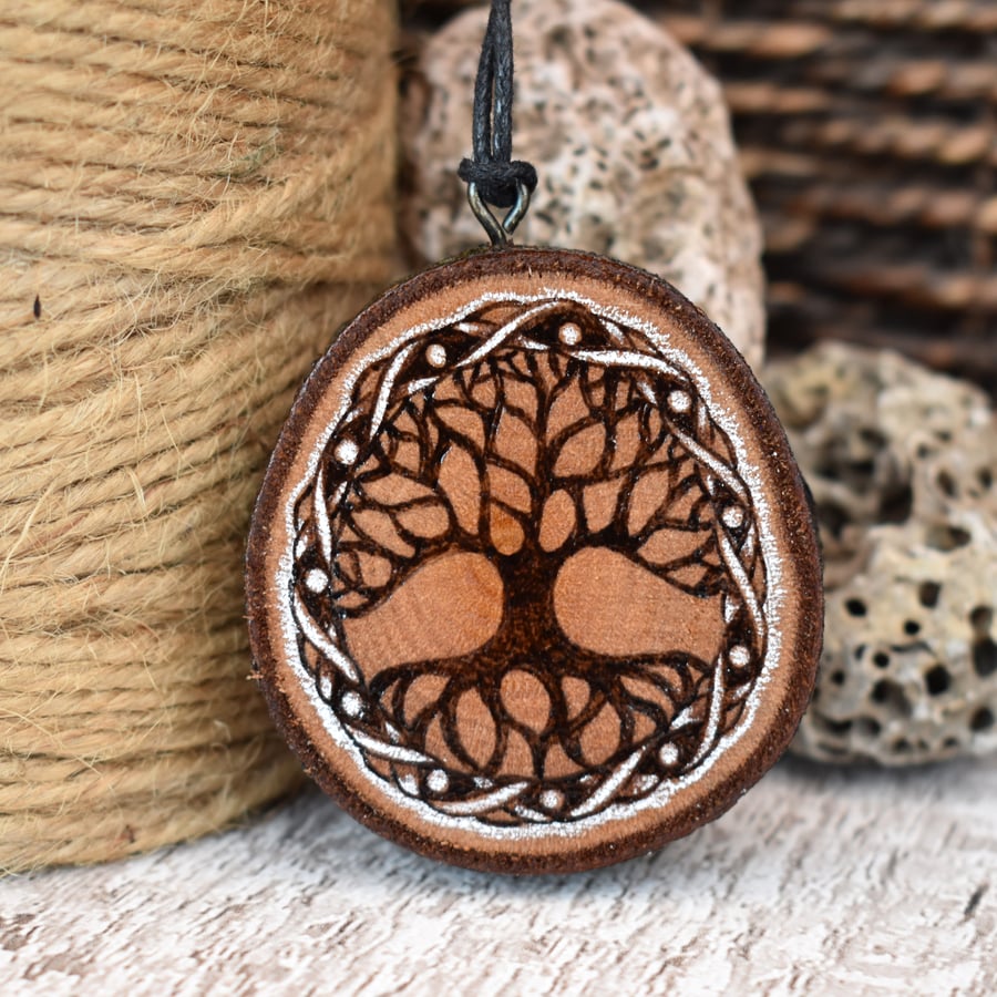 Tree of life pyrography pendant. Rustic branch slice. Keyring option available