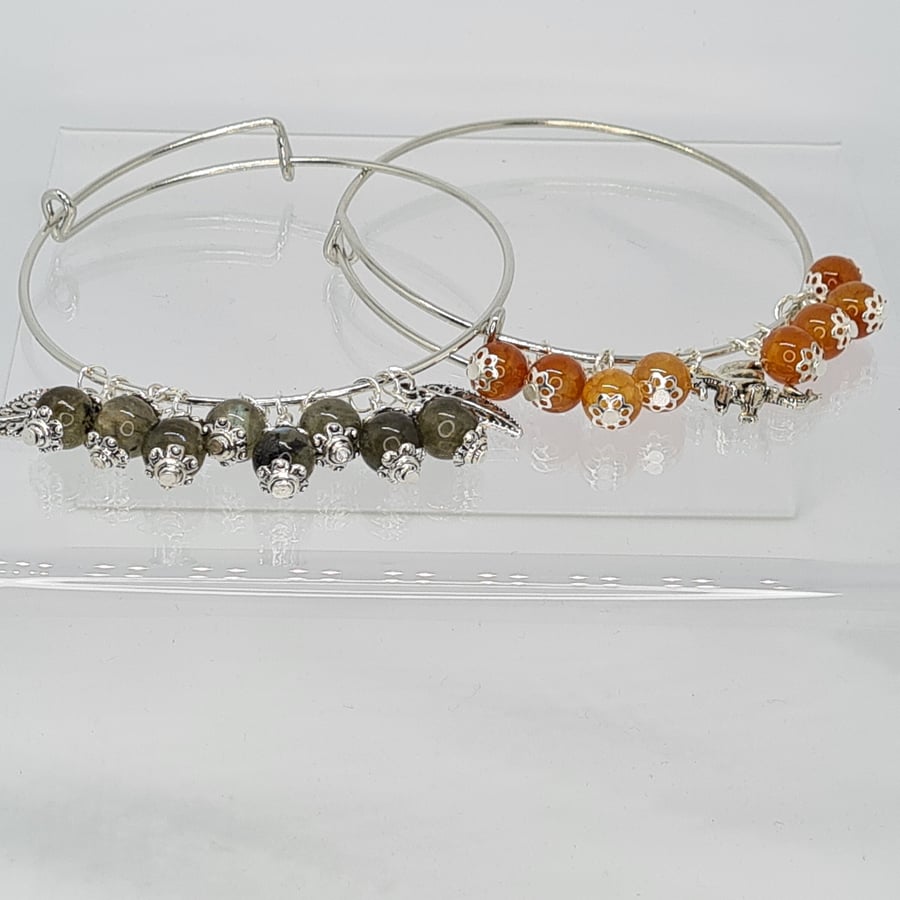 Adjustable Gemstone Bangles- Crackle Fire Agate- Dragons- Labradorite- BOHO Jewe