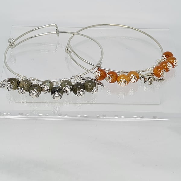 Adjustable Gemstone Bangles- Crackle Fire Agate- Dragons- Labradorite- BOHO Jewe
