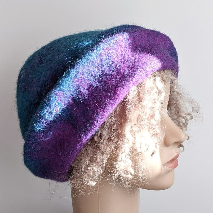 Deep violet and blue sculpted felted wool hat  - the prototype of a new design